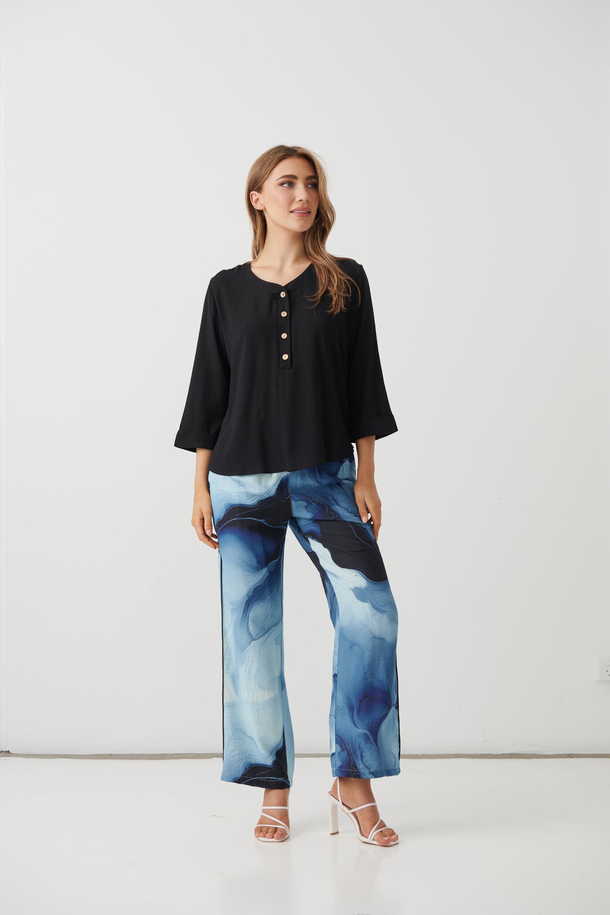 Half Placket Blouse with Cuffs -Black
