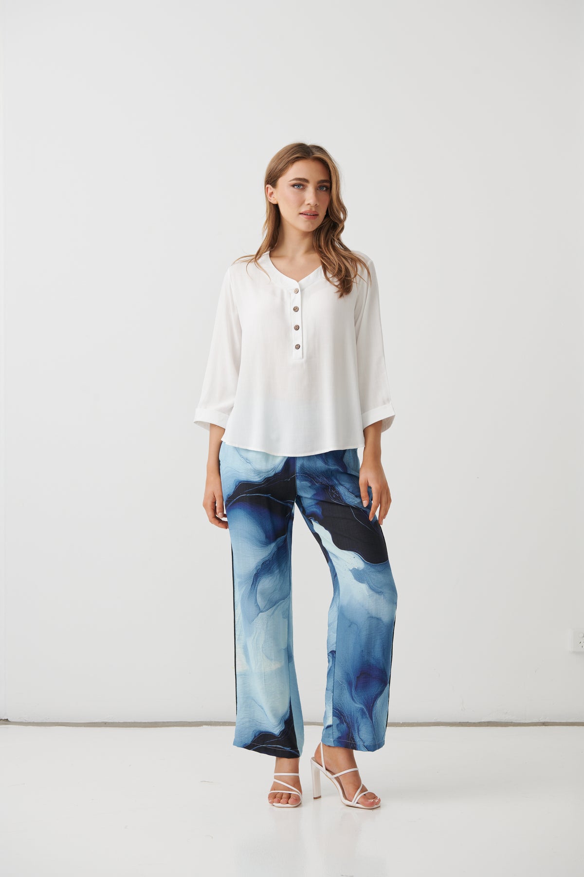 Half Placket Blouse with Cuffs - White