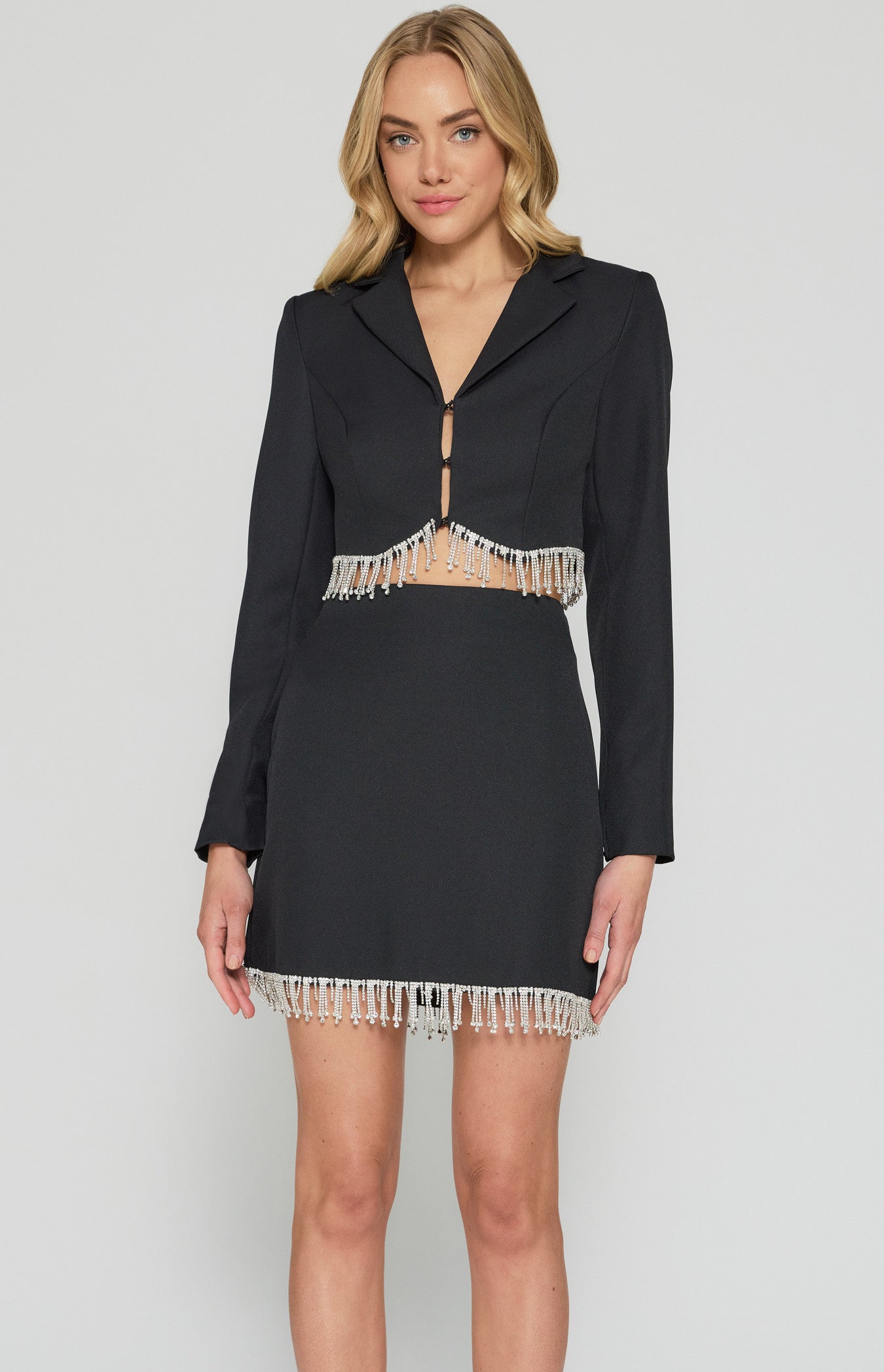 Rhinestone Fringe Trim Set with Cropped Blazer and Mini Skirt