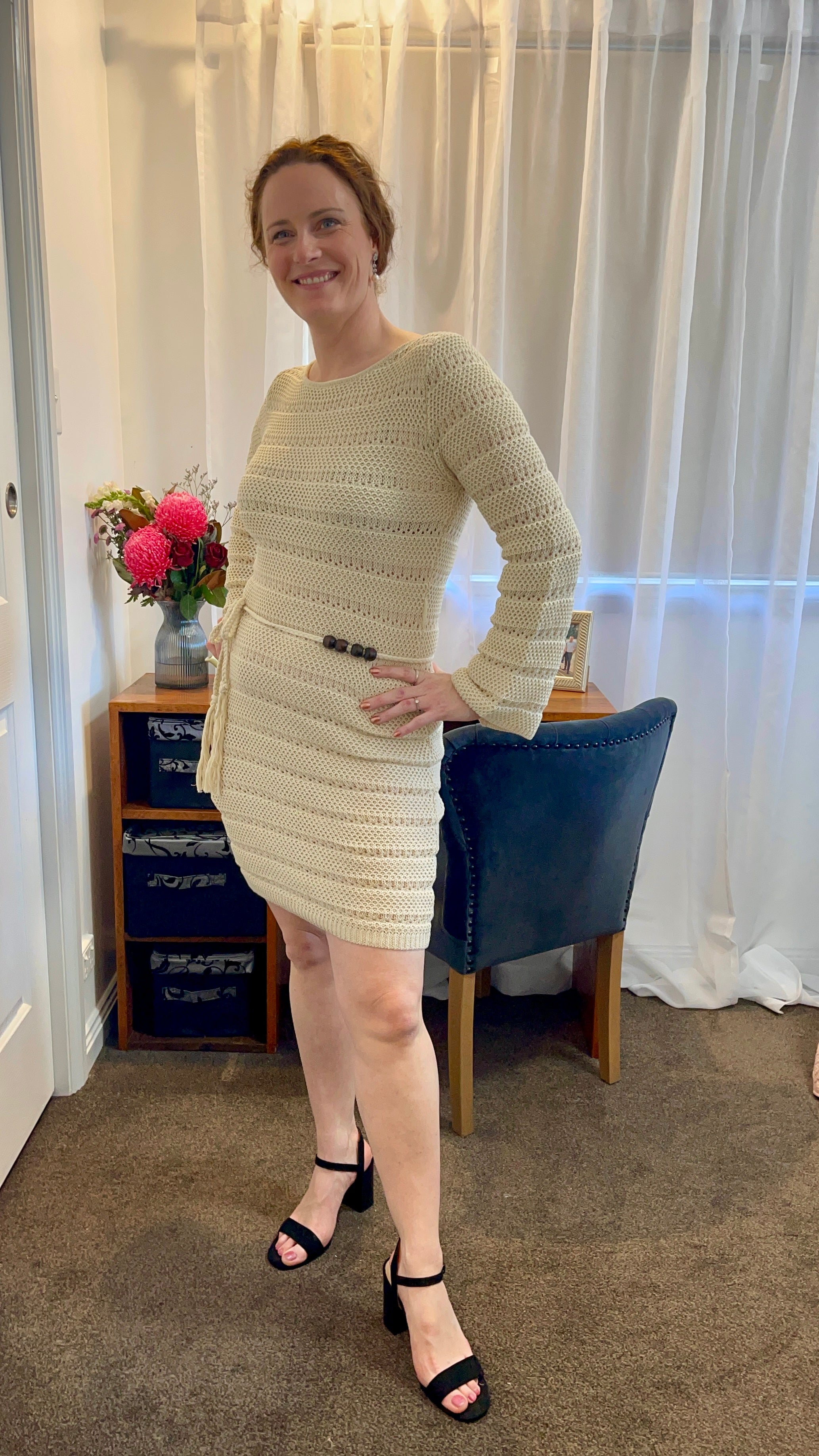 Beige Crochet Knit Dress with Beaded Waist Tie
