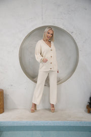 Beige Textured Knit Cardigan & Pant Set
