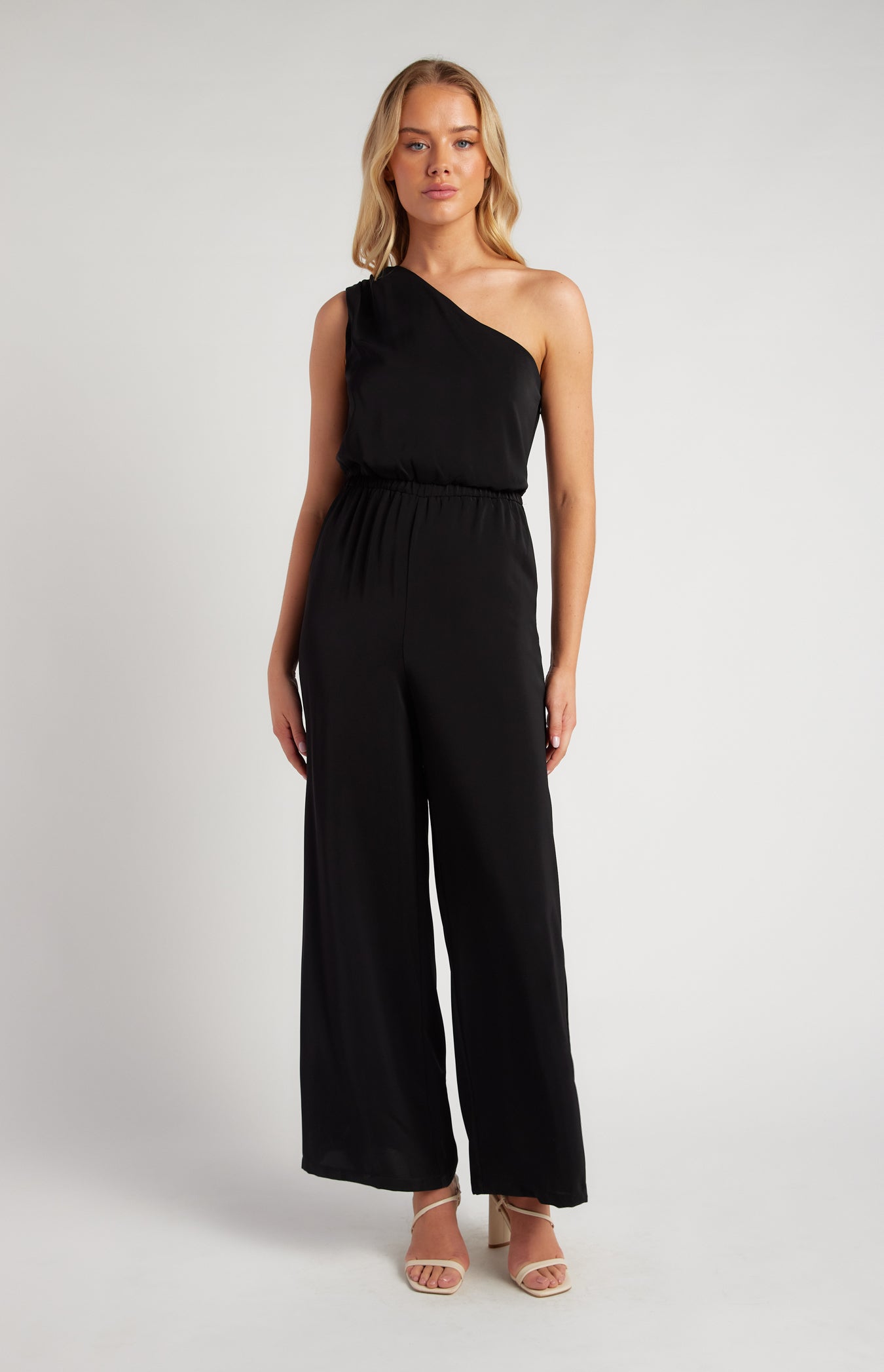 One Shoulder Elastic Waist Scarf Detail Jumpsuit