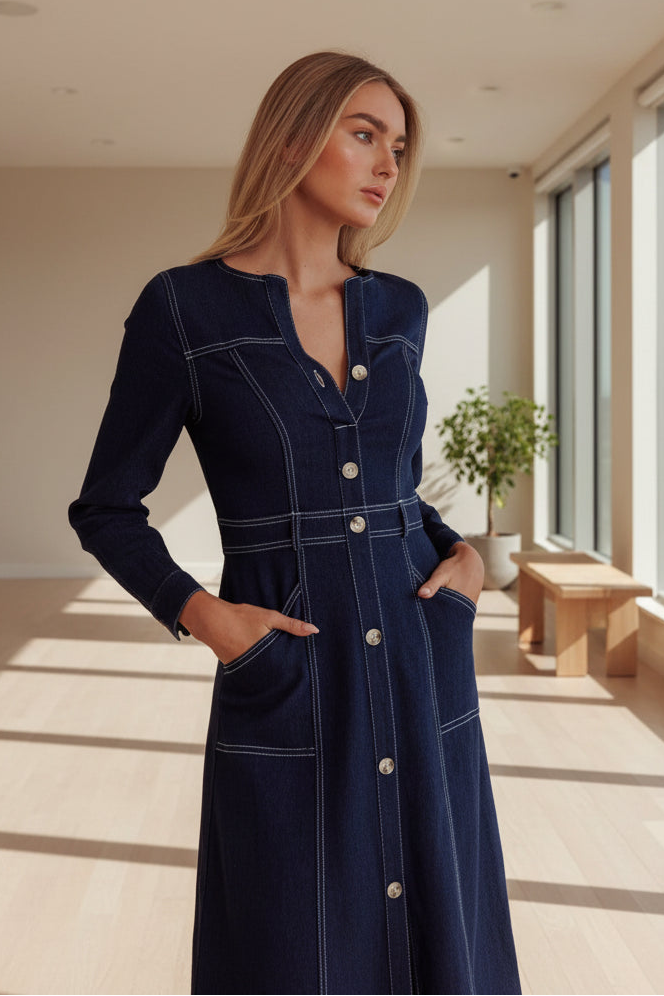 Valencia Button-Front Denim Midi Dress – Indigo