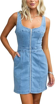 Isla Zip-Front Denim Mini Dress – Light Wash