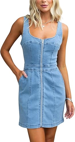 Isla Zip-Front Denim Mini Dress – Light Wash