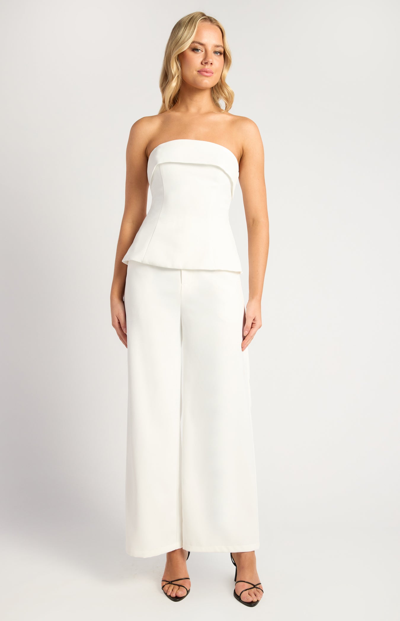 Strapless Lace-Up Back Top & Pants Set – White