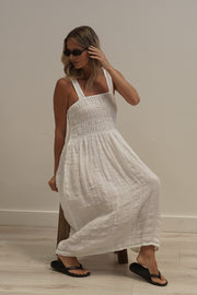 Vestito Shirred Dress White Combo - Rustic Linen