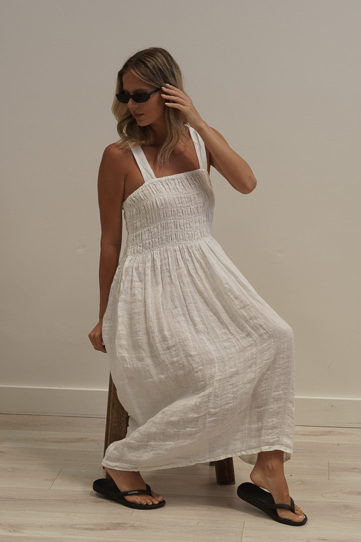 Vestito Shirred Dress White Combo - Rustic Linen