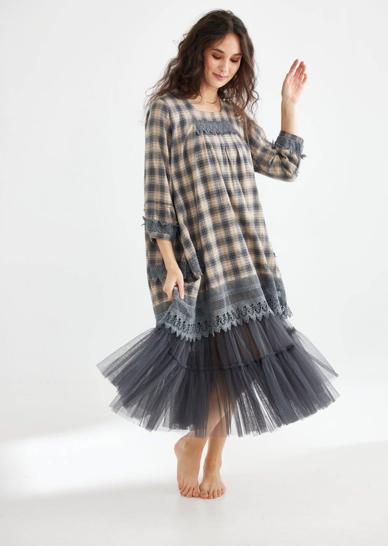 Isla Plaid Dress. Paynes Grey. SALE