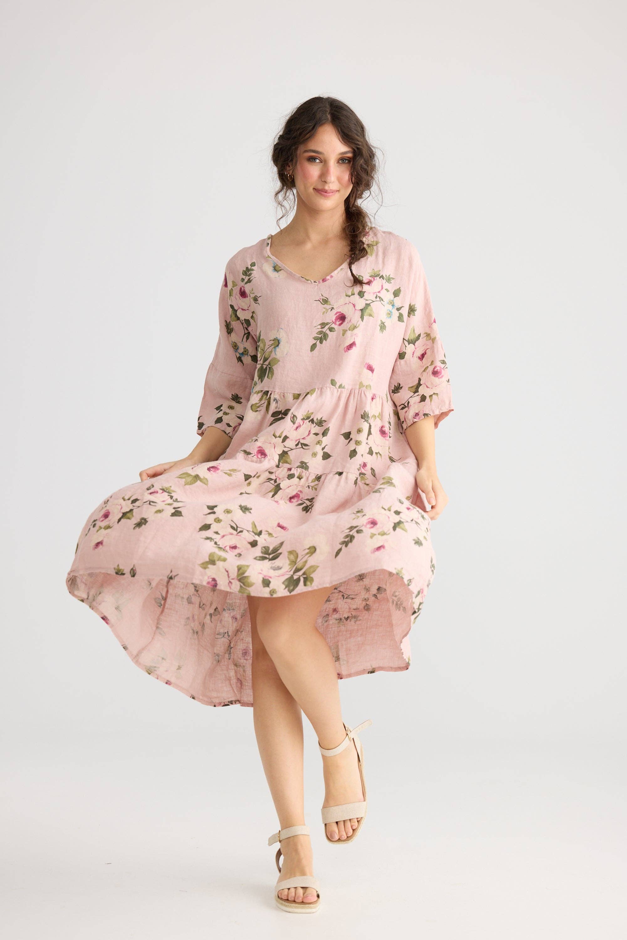 Stella floral linen dress. Antique Rose