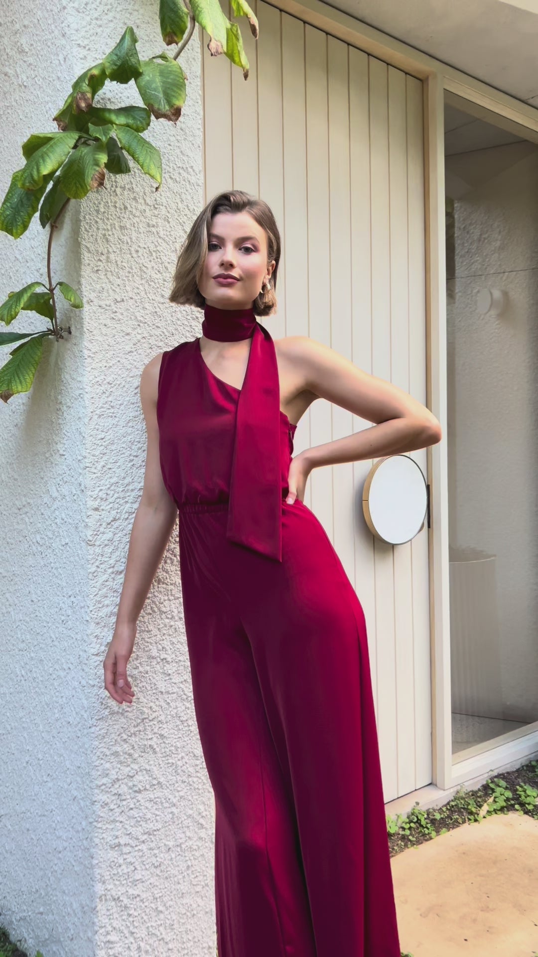 Load video: One Shoulder Elastic Waist Scarf Detail Jumpsuit