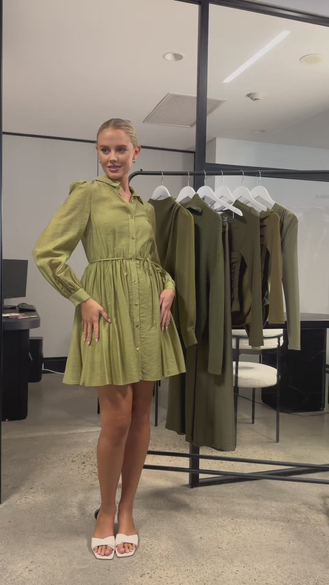 Load video: Gold Button Textured Shirt Dress with Slip Lining