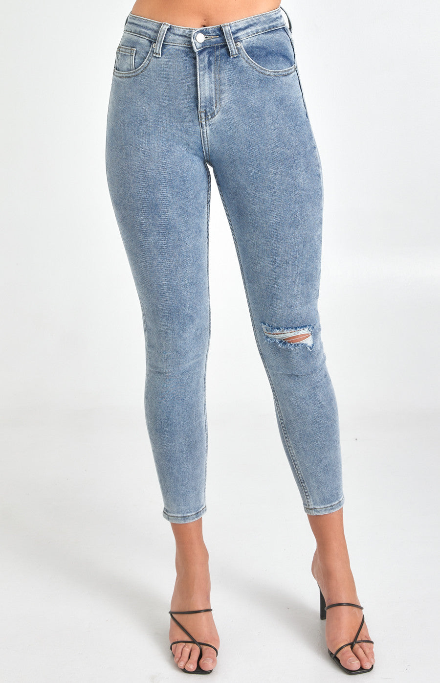 High Waisted Skinny Jeans with Knee Rip
