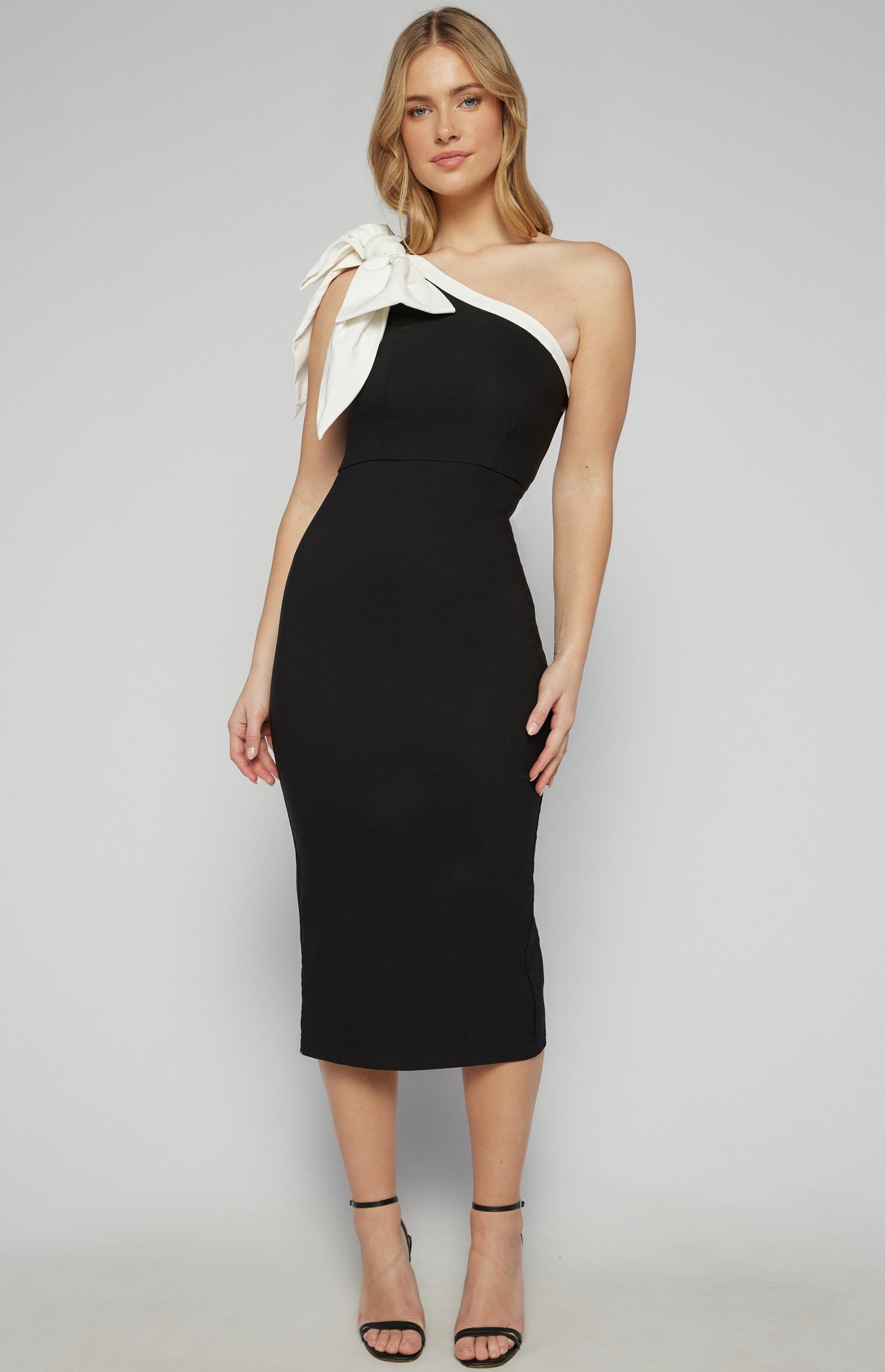 One Shoulder Dress with Contrast Bow Feature