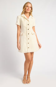 Gold Button Feature Fray Detail Collared Tweed Dress