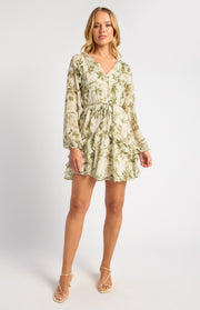 Floral Print Chiffon Dress With Elastic Waist And Ruffle Details