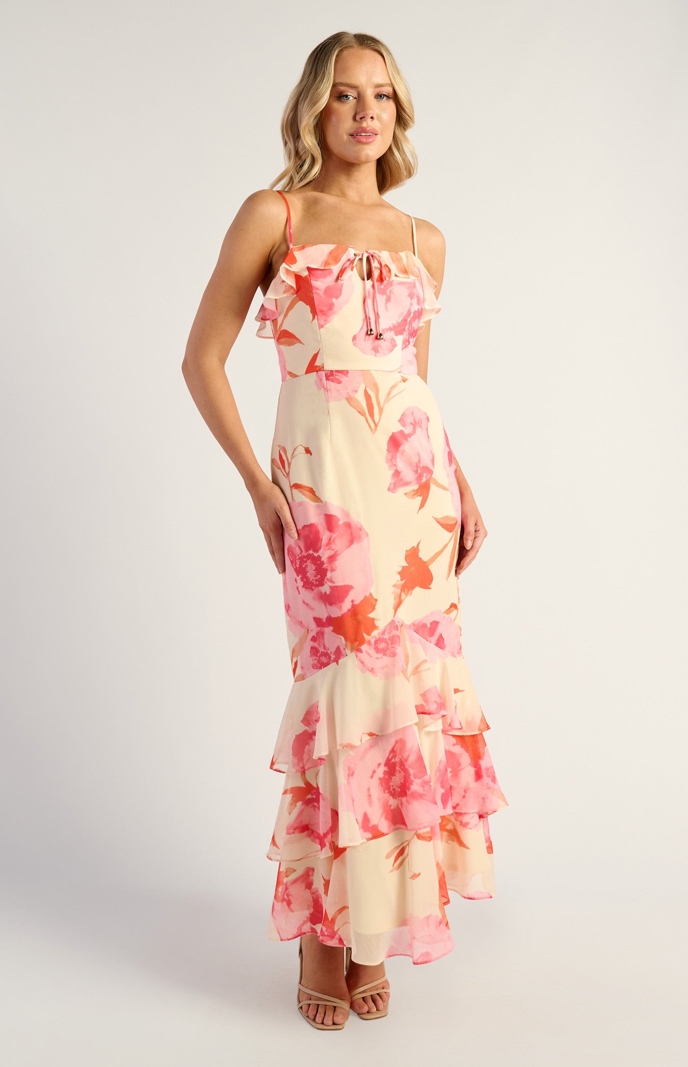 Floral Chiffon Frill Neckline Tiered Hem Dress