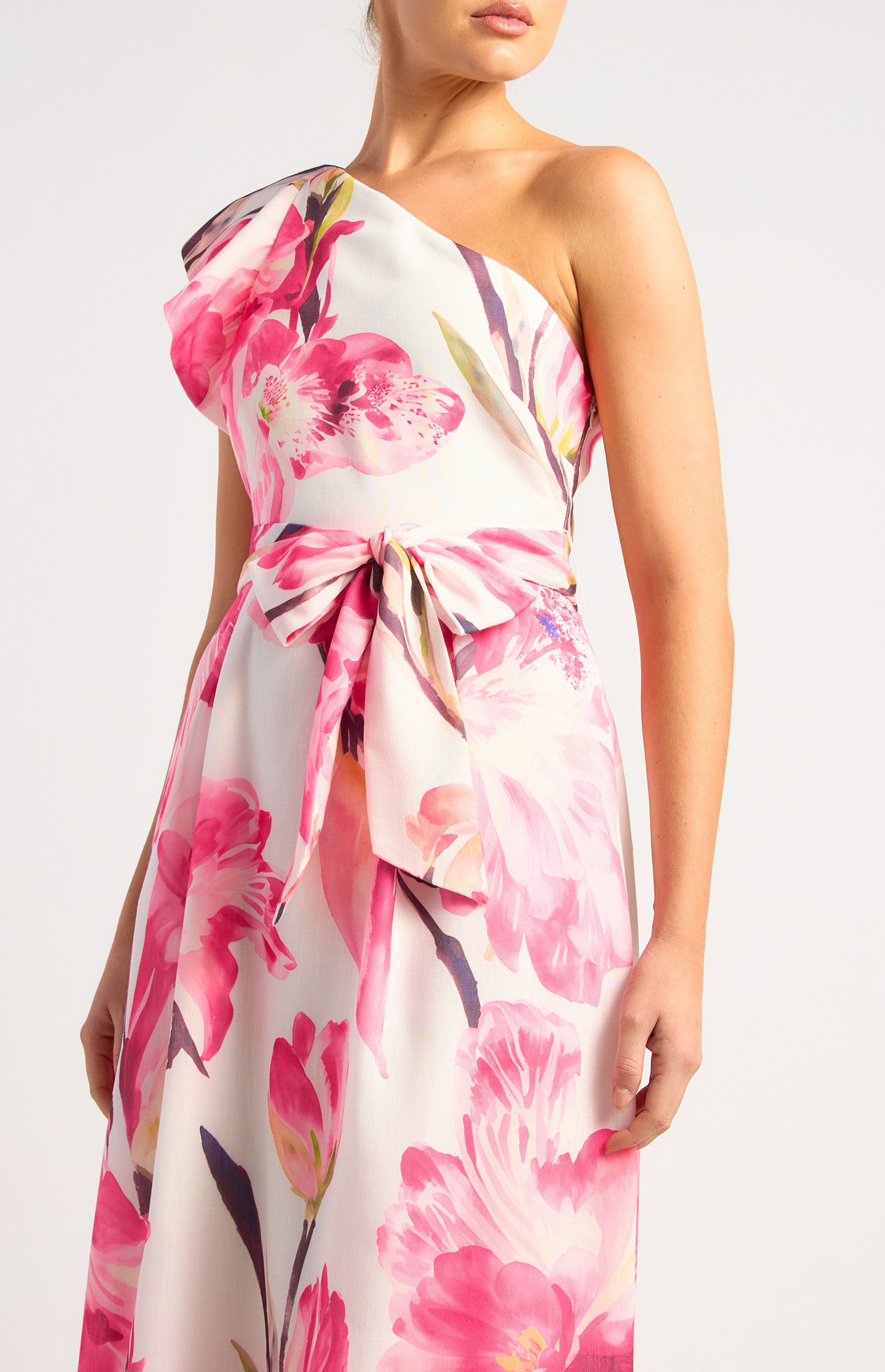 One Shoulder Ruffle Sleeve Floral Midi Dress