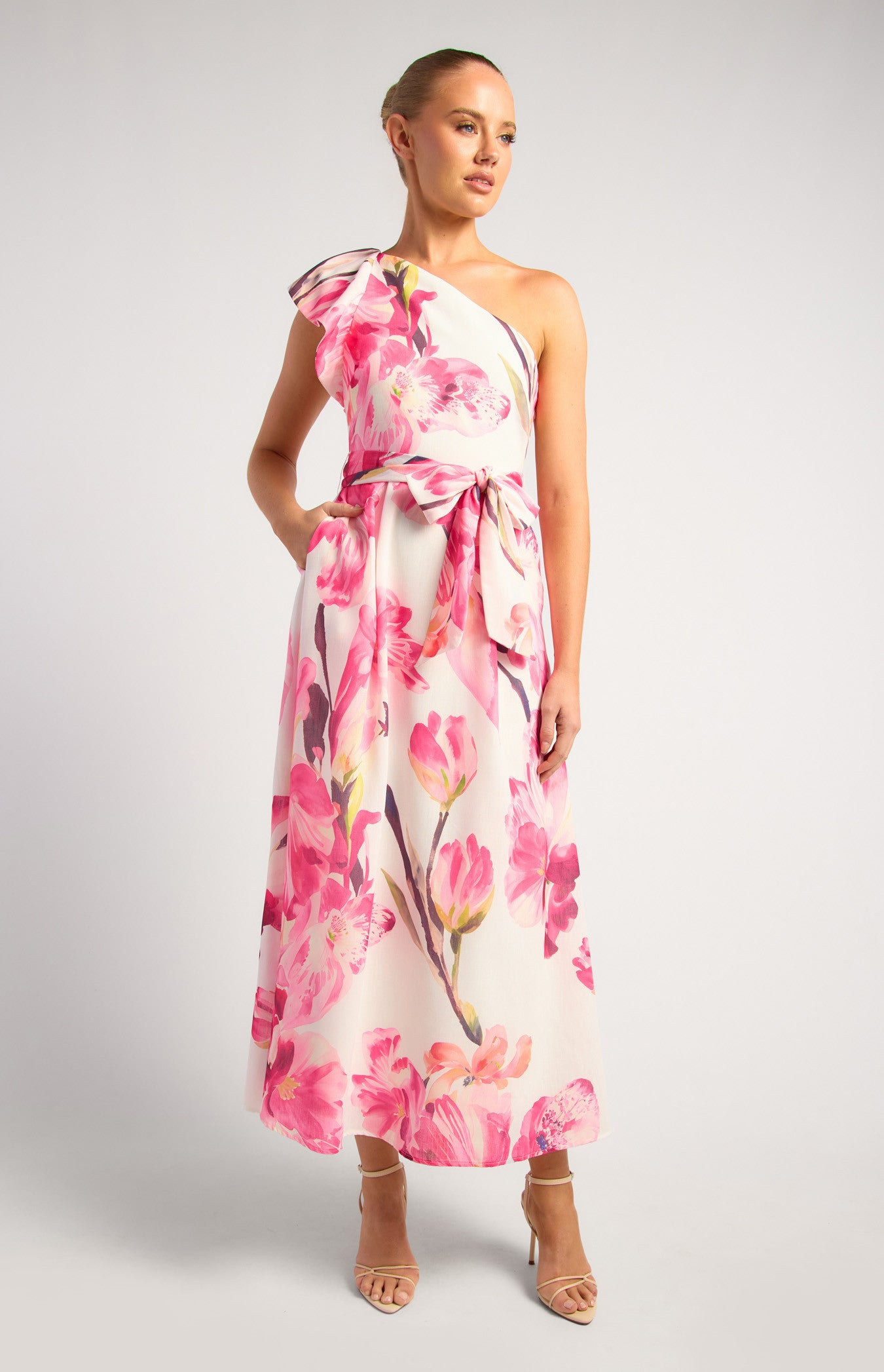 One Shoulder Ruffle Sleeve Floral Midi Dress