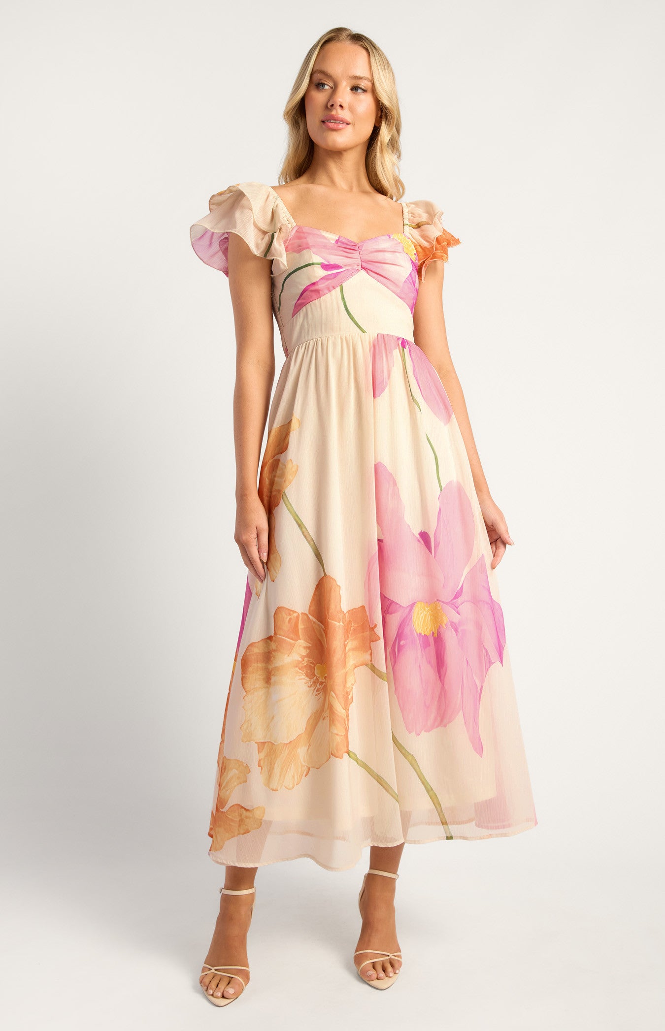 Wildflower Floral Print Sweetheart Neckline Chiffon Dress
