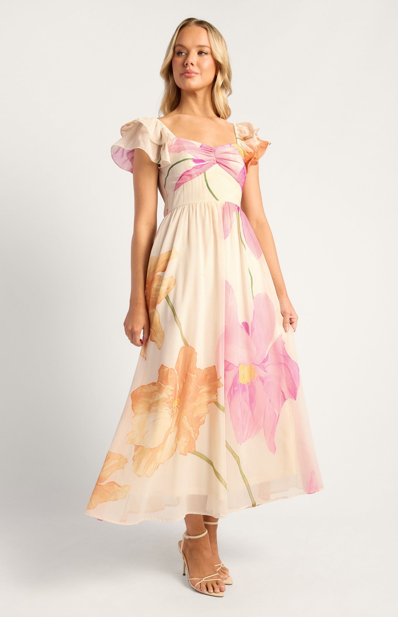Wildflower Floral Print Sweetheart Neckline Chiffon Dress