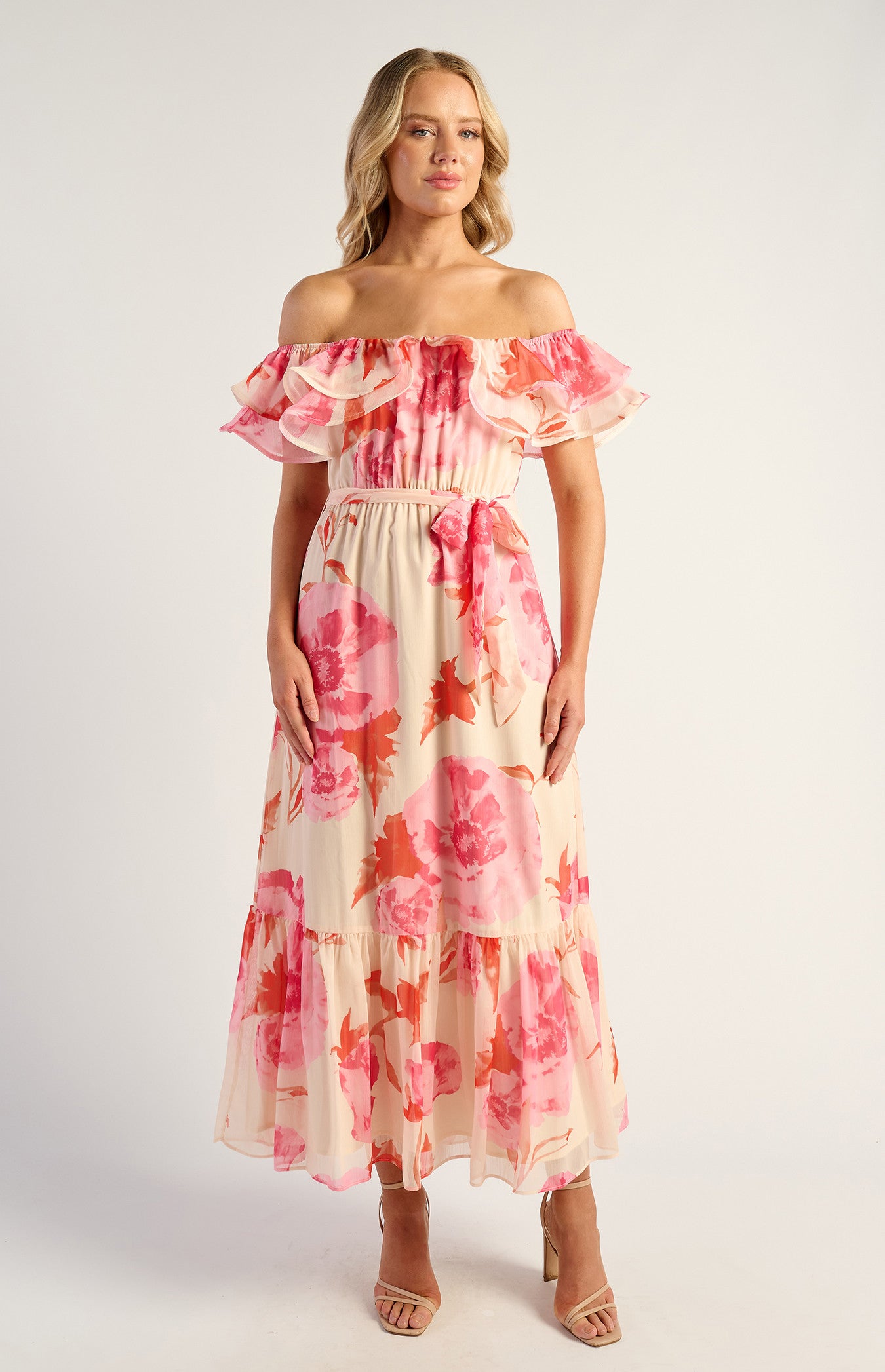 Off-Shoulder Double Frill Feature Neckline Floral Print Chiffon Dress