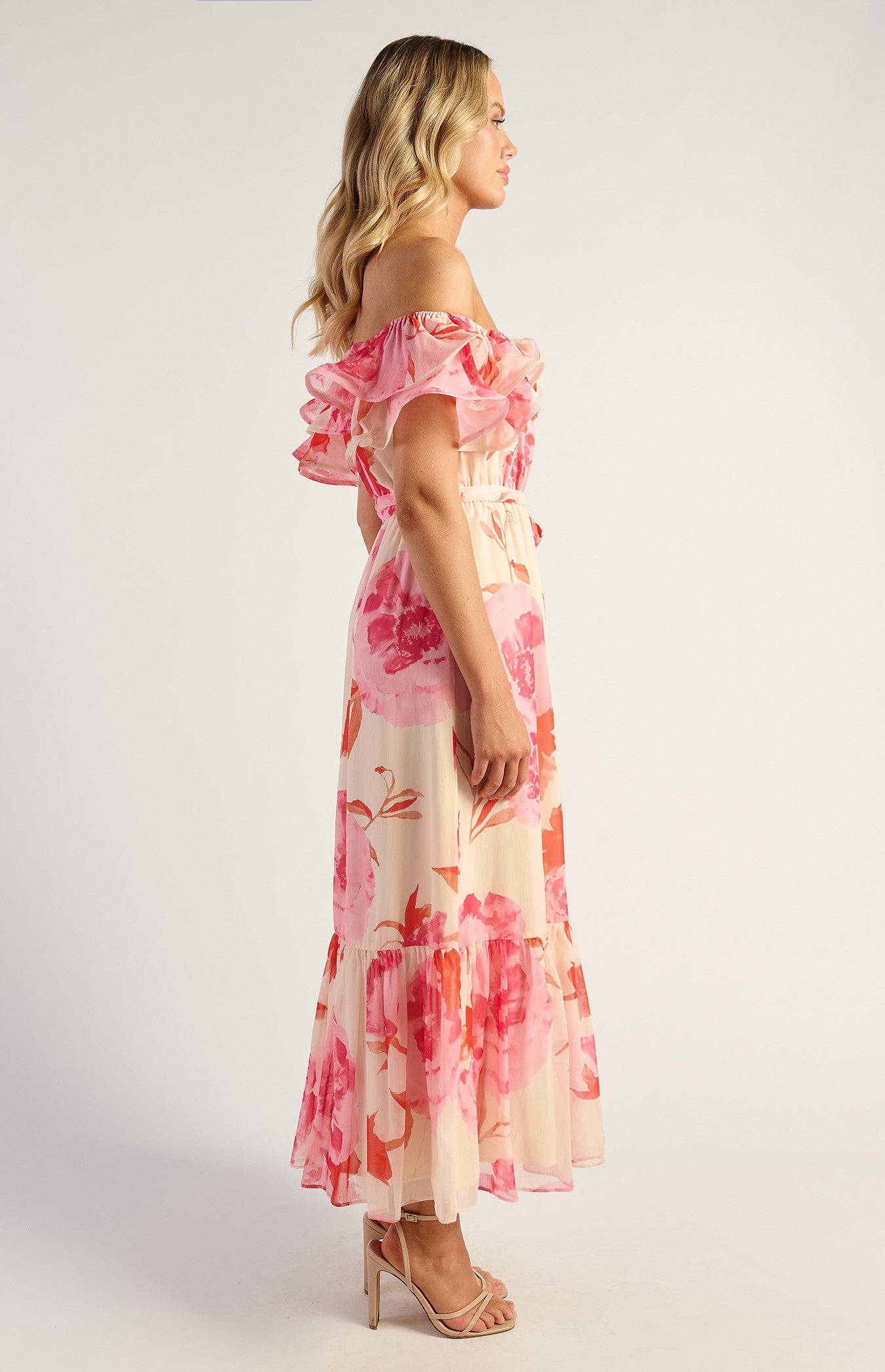 Off-Shoulder Double Frill Feature Neckline Floral Print Chiffon Dress