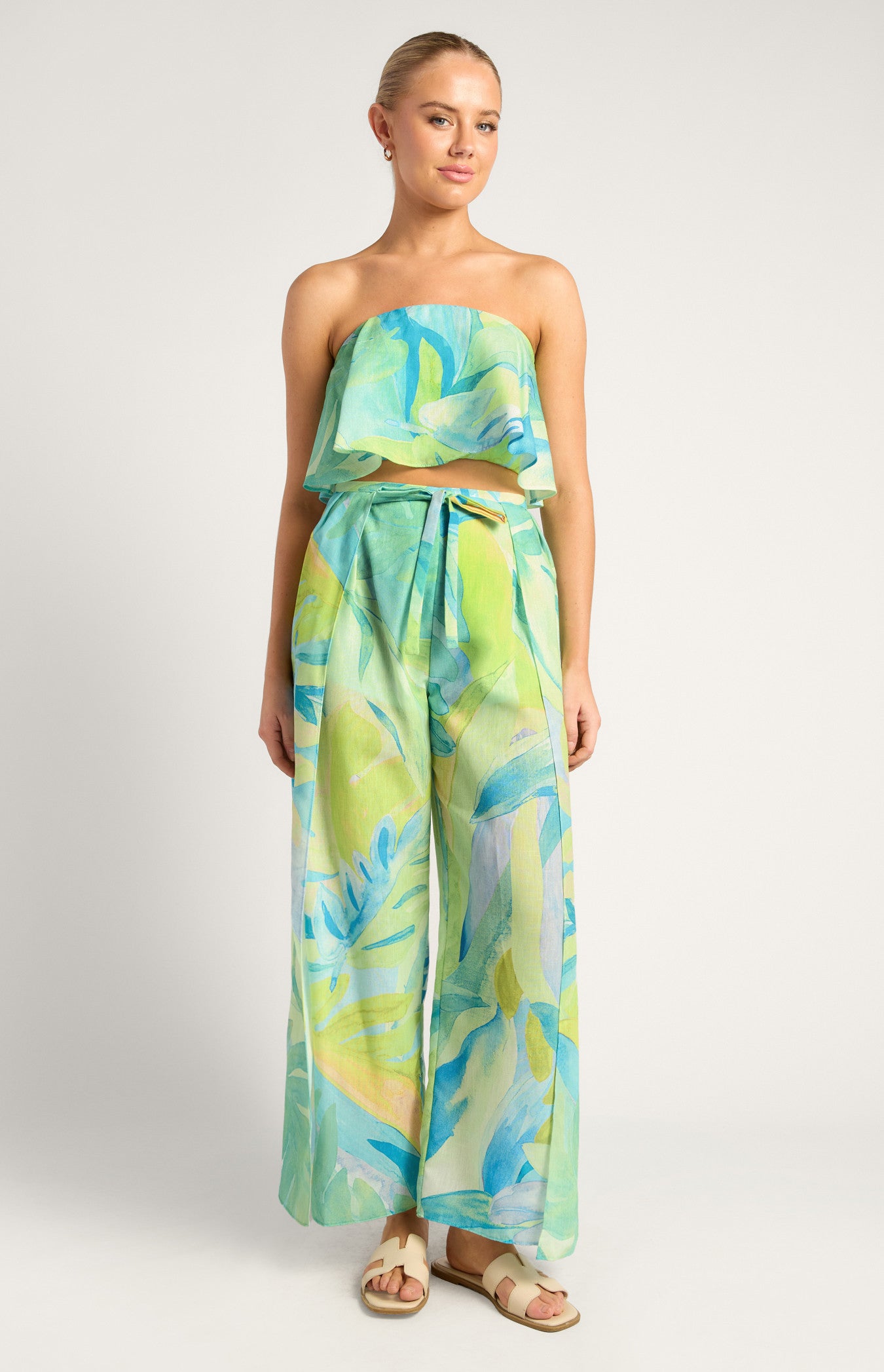 Linen-Look Abstract Prints Strapless Top And Split Details Pants Set