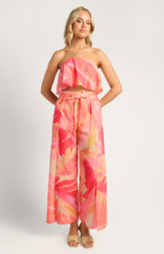 Linen-Look Abstract Prints Strapless Top And Split Details Pants Set