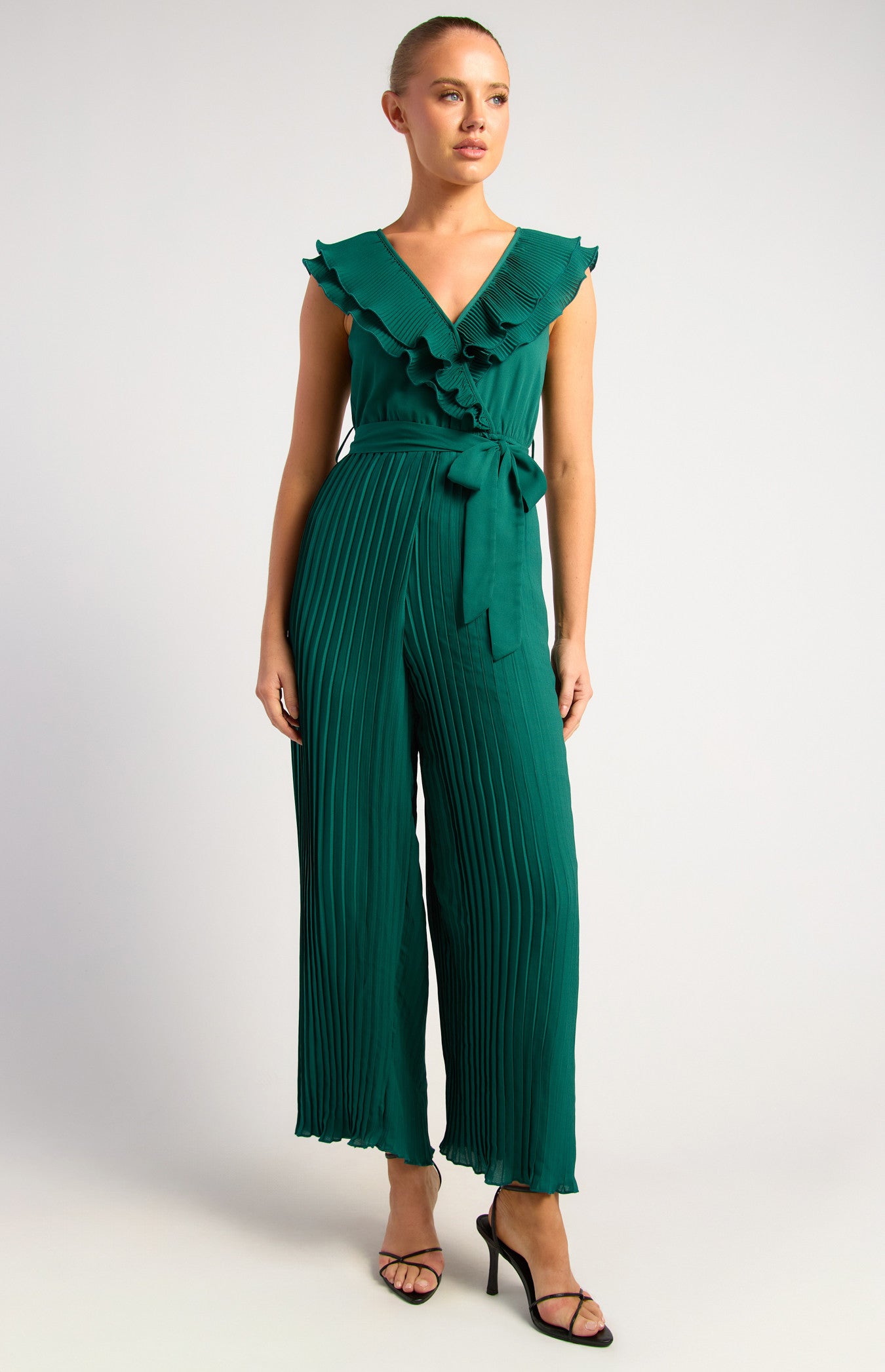 Pleated Jumpsuit with Double Frill Neckline Feature
