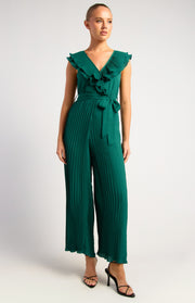 Pleated Jumpsuit with Double Frill Neckline Feature