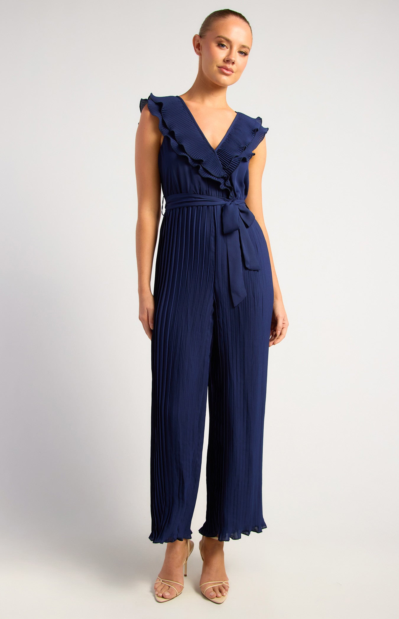 Pleated Jumpsuit with Double Frill Neckline Feature