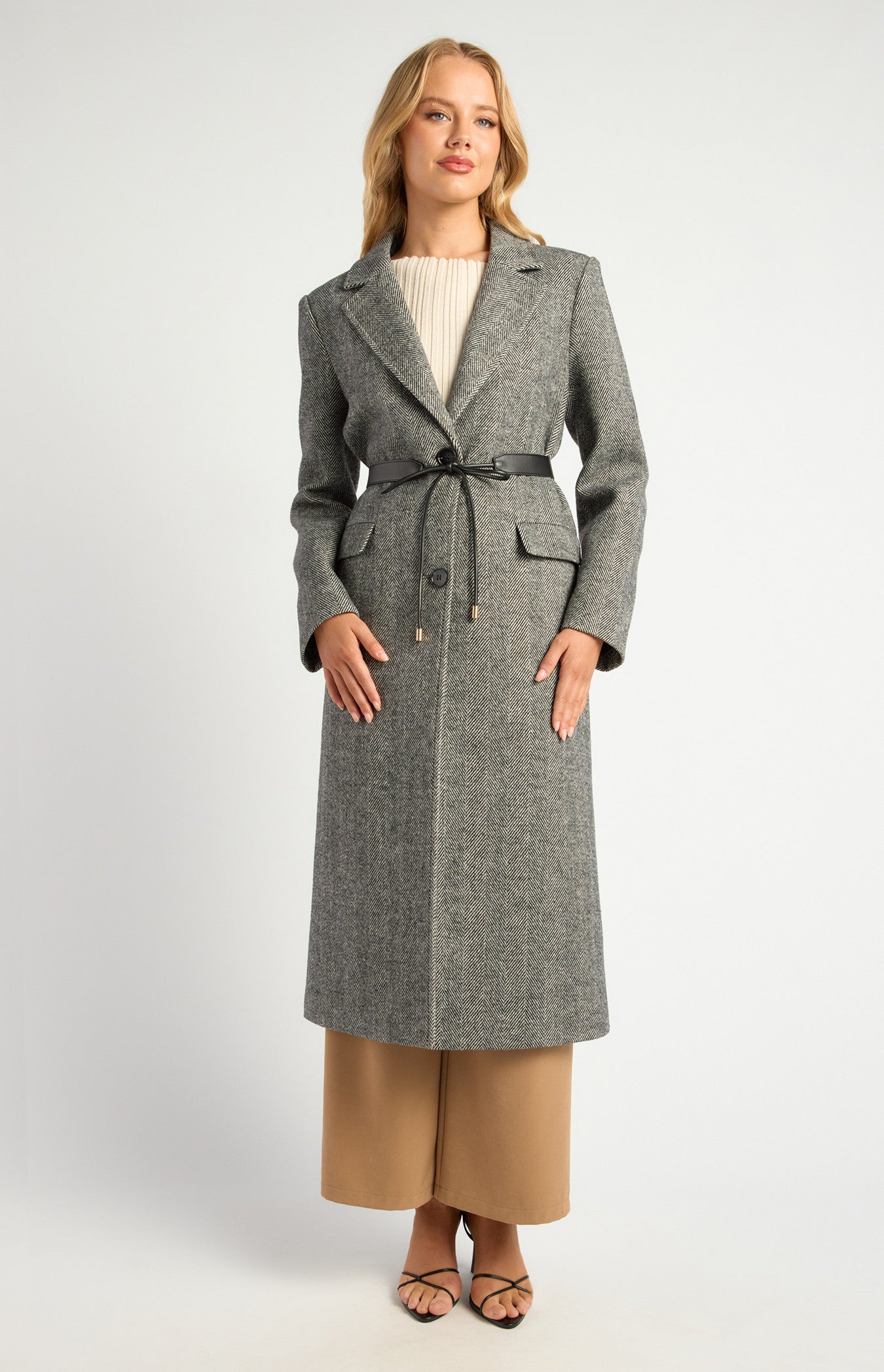 Faux Wool Single Breasted Herringbone Coat with Belt Accessory