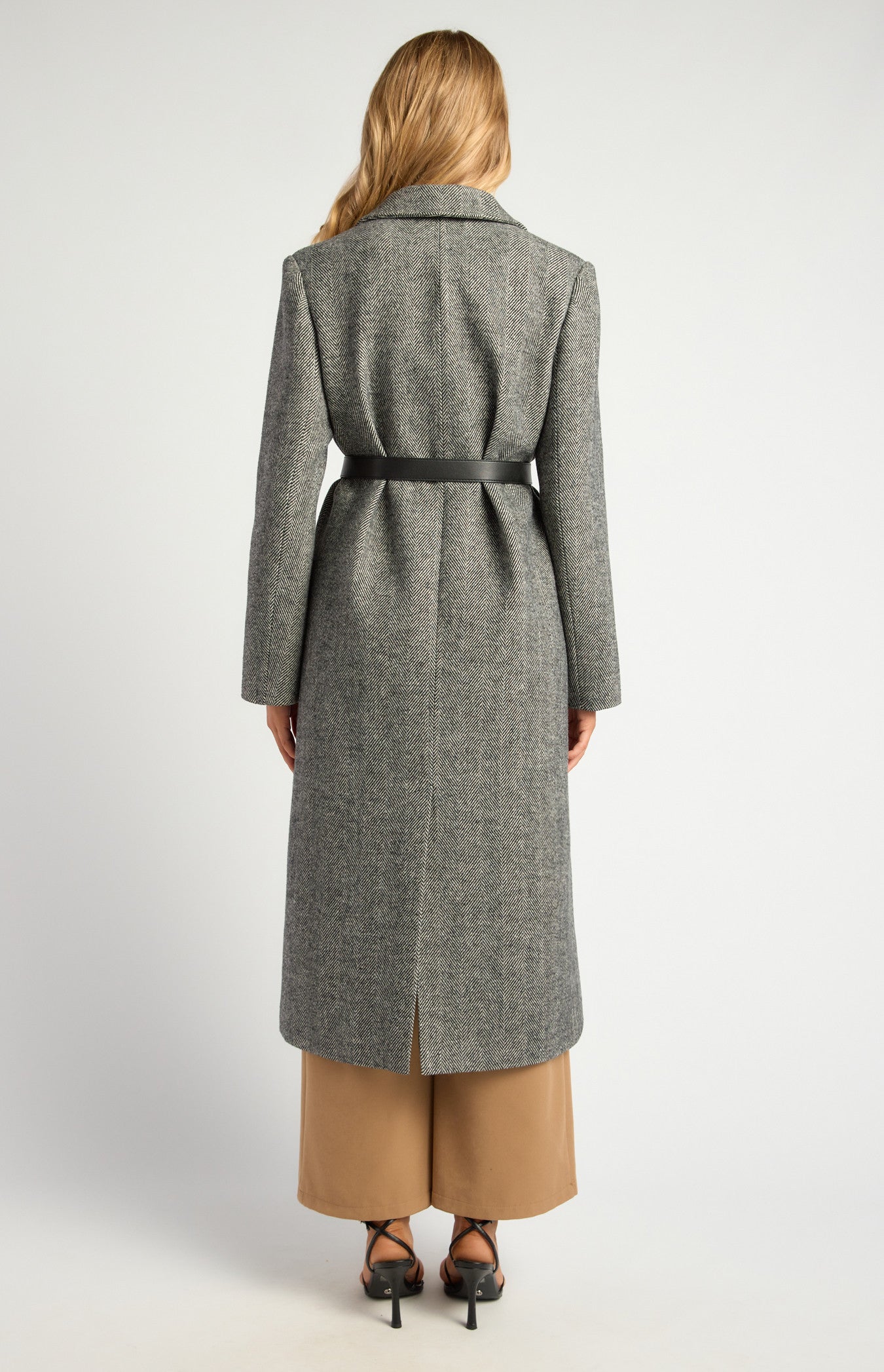 Faux Wool Single Breasted Herringbone Coat with Belt Accessory