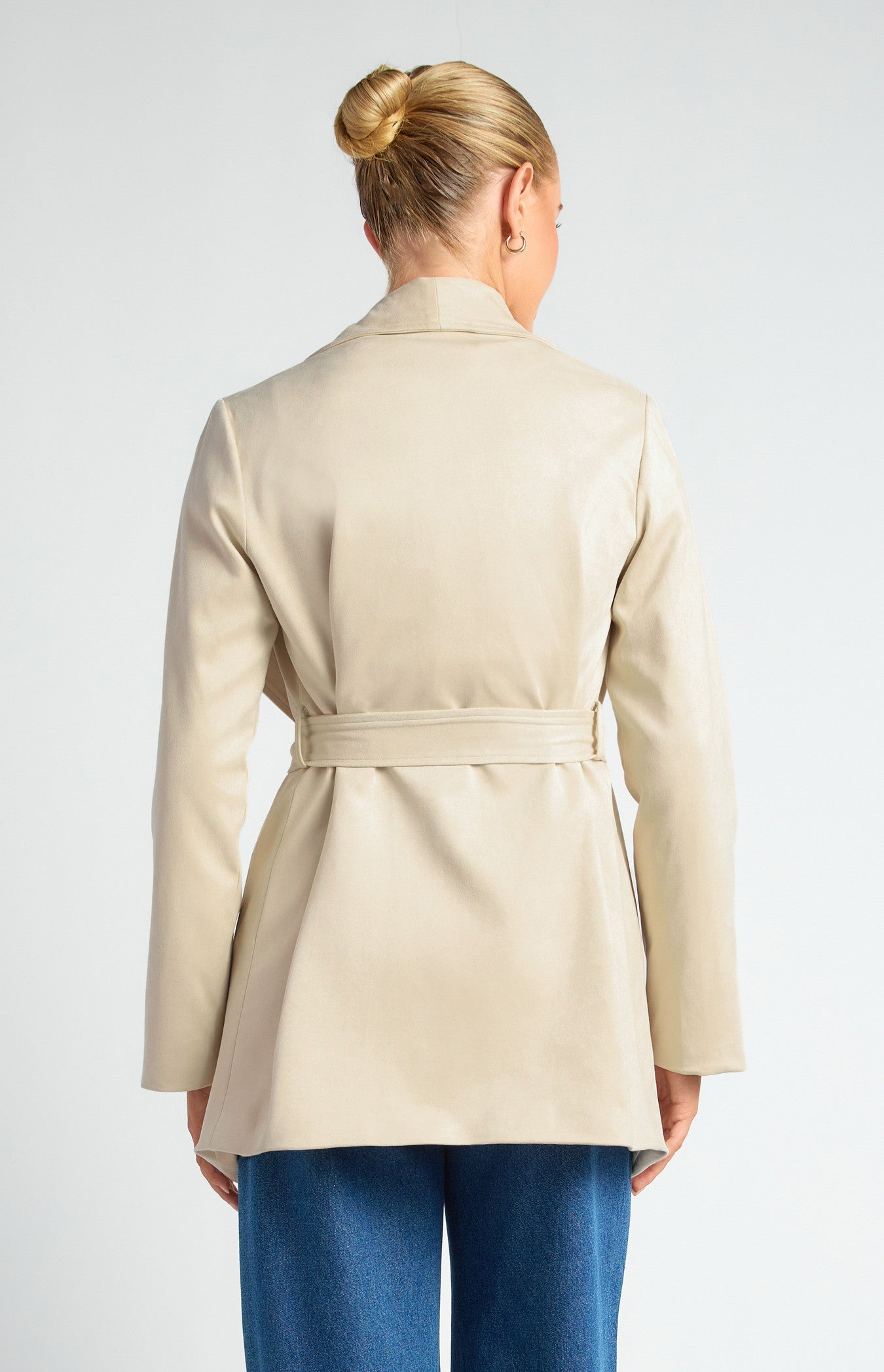 Faux Suede Waterfall Jacket With Waist Tie And Pockets