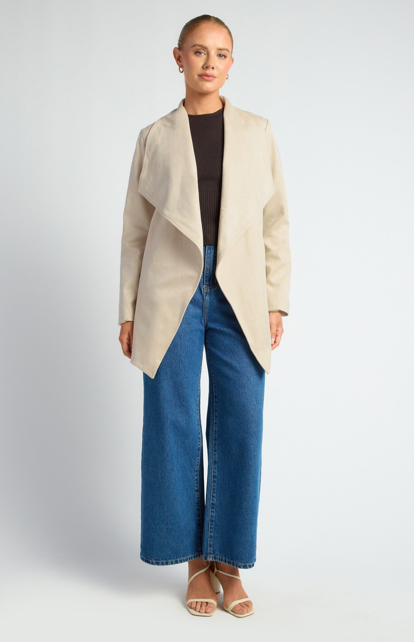 Faux Suede Waterfall Jacket With Waist Tie And Pockets