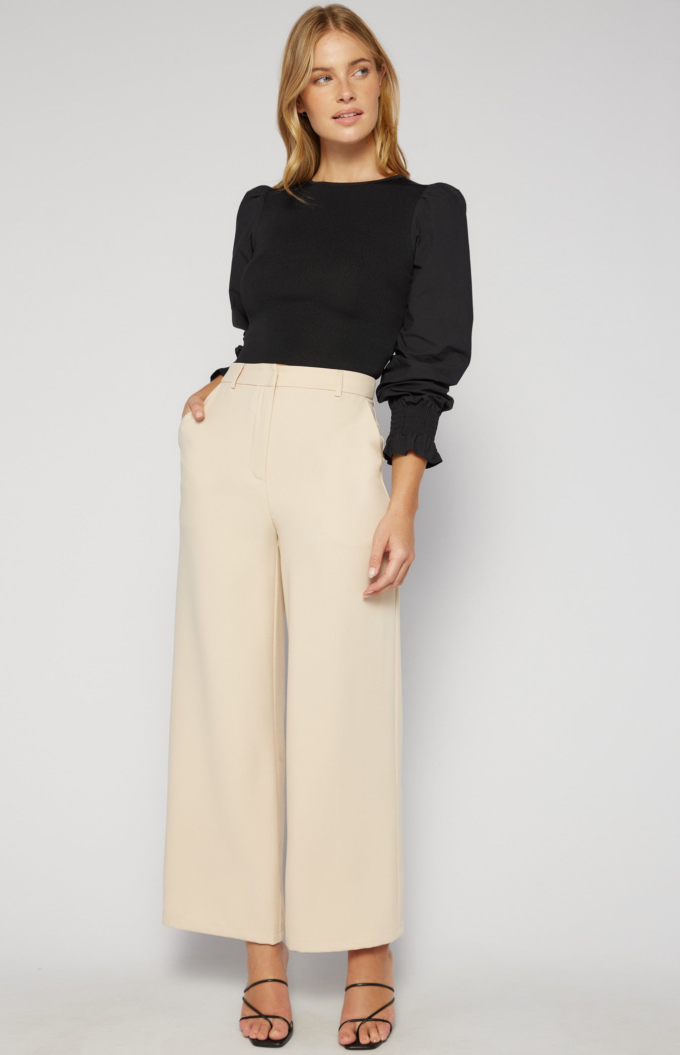 Knit Top with Contrast Woven Sleeves