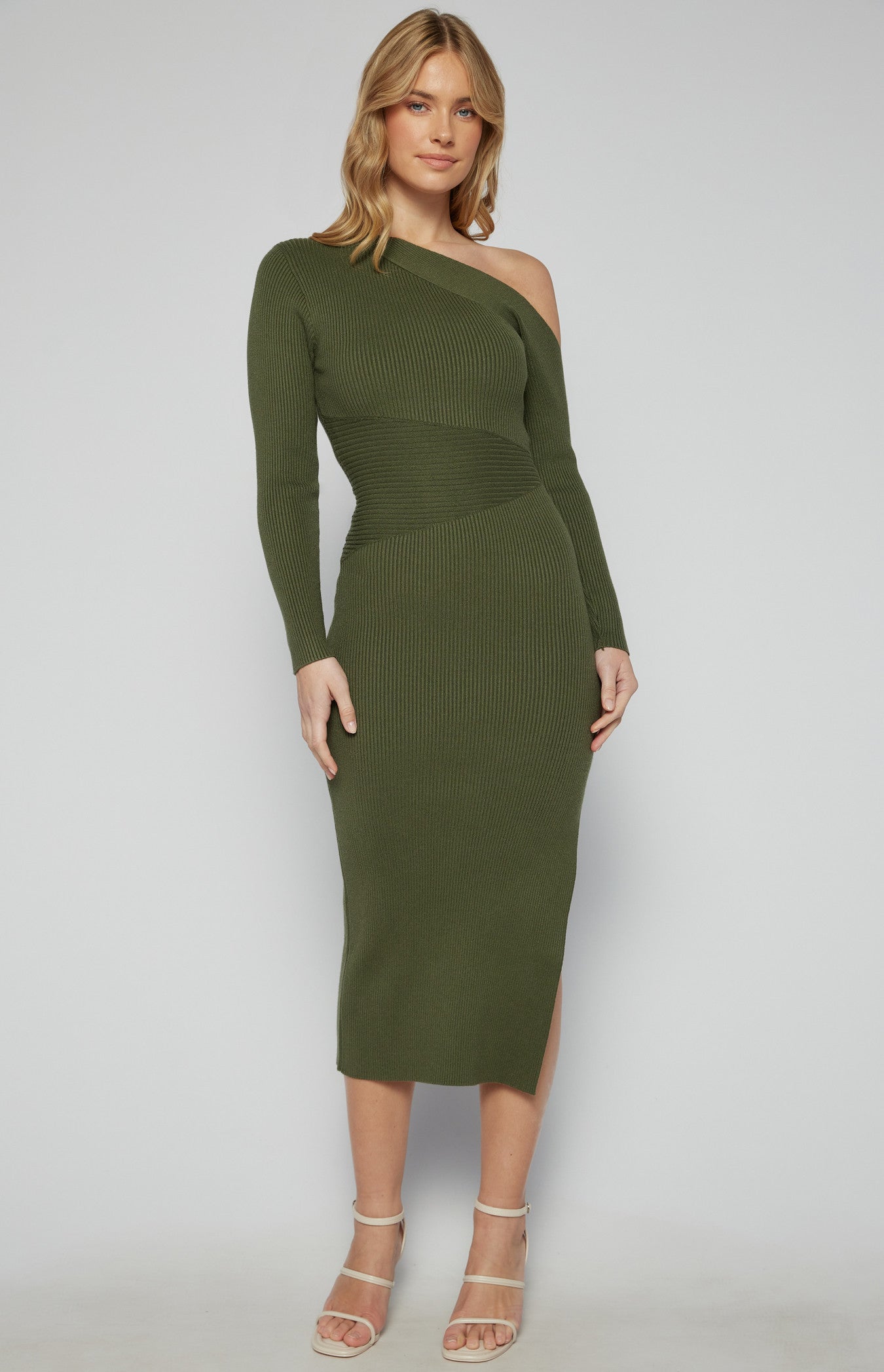 Contrast Knit Panel One Shoulder Midi Dress