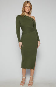 Contrast Knit Panel One Shoulder Midi Dress