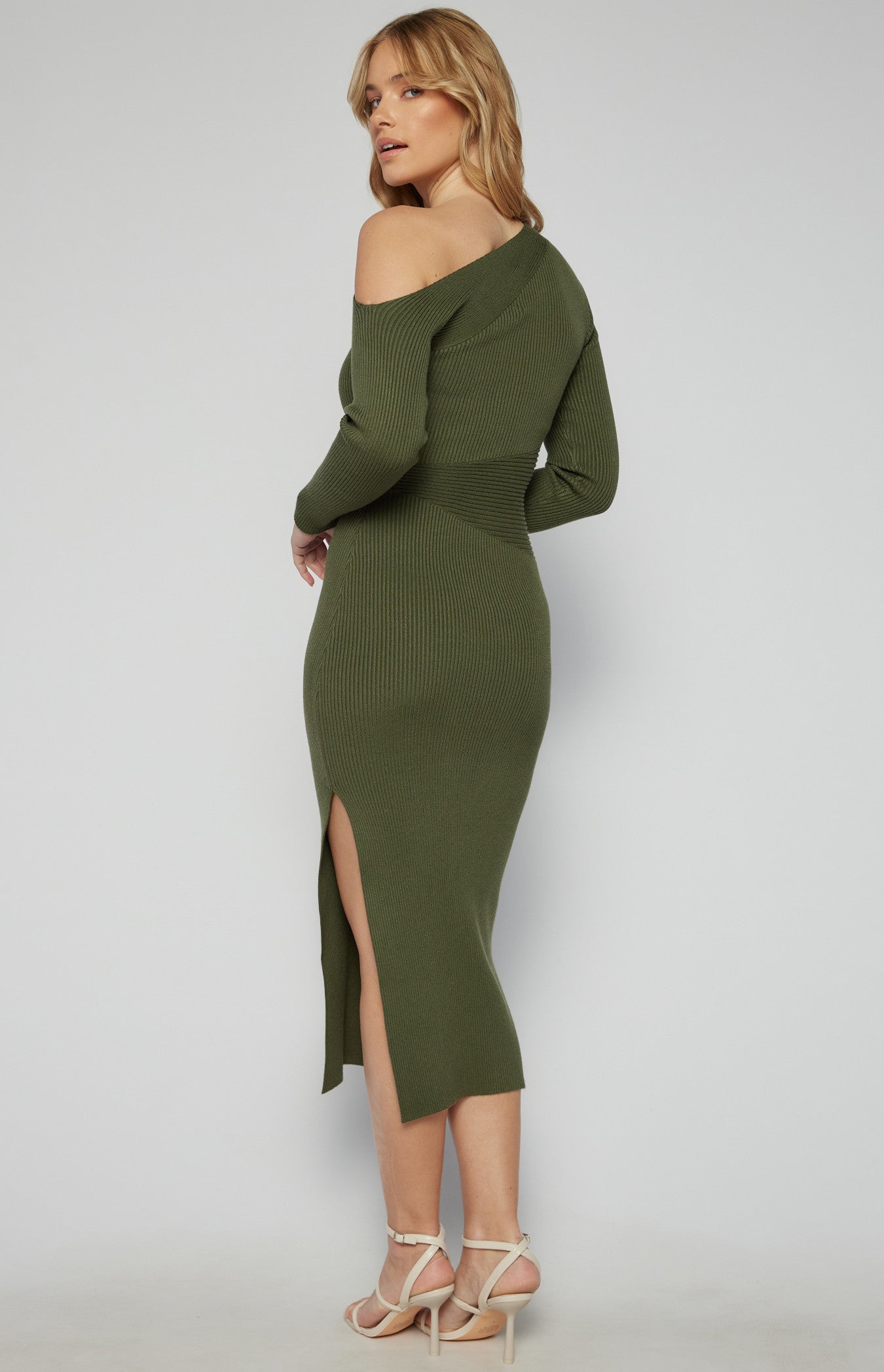 Contrast Knit Panel One Shoulder Midi Dress