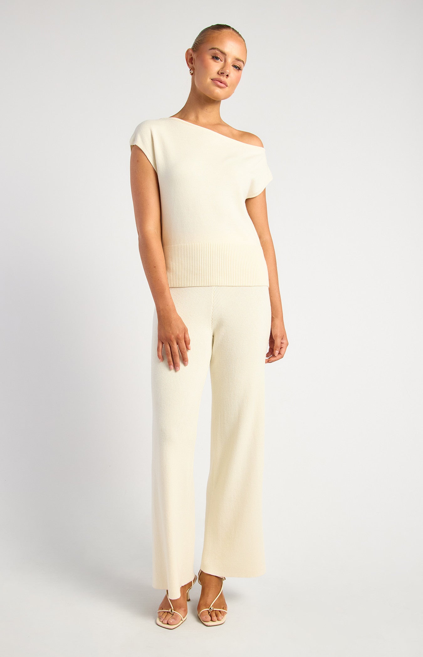Cinched Waist Ribbing Knit Top And Pants Set