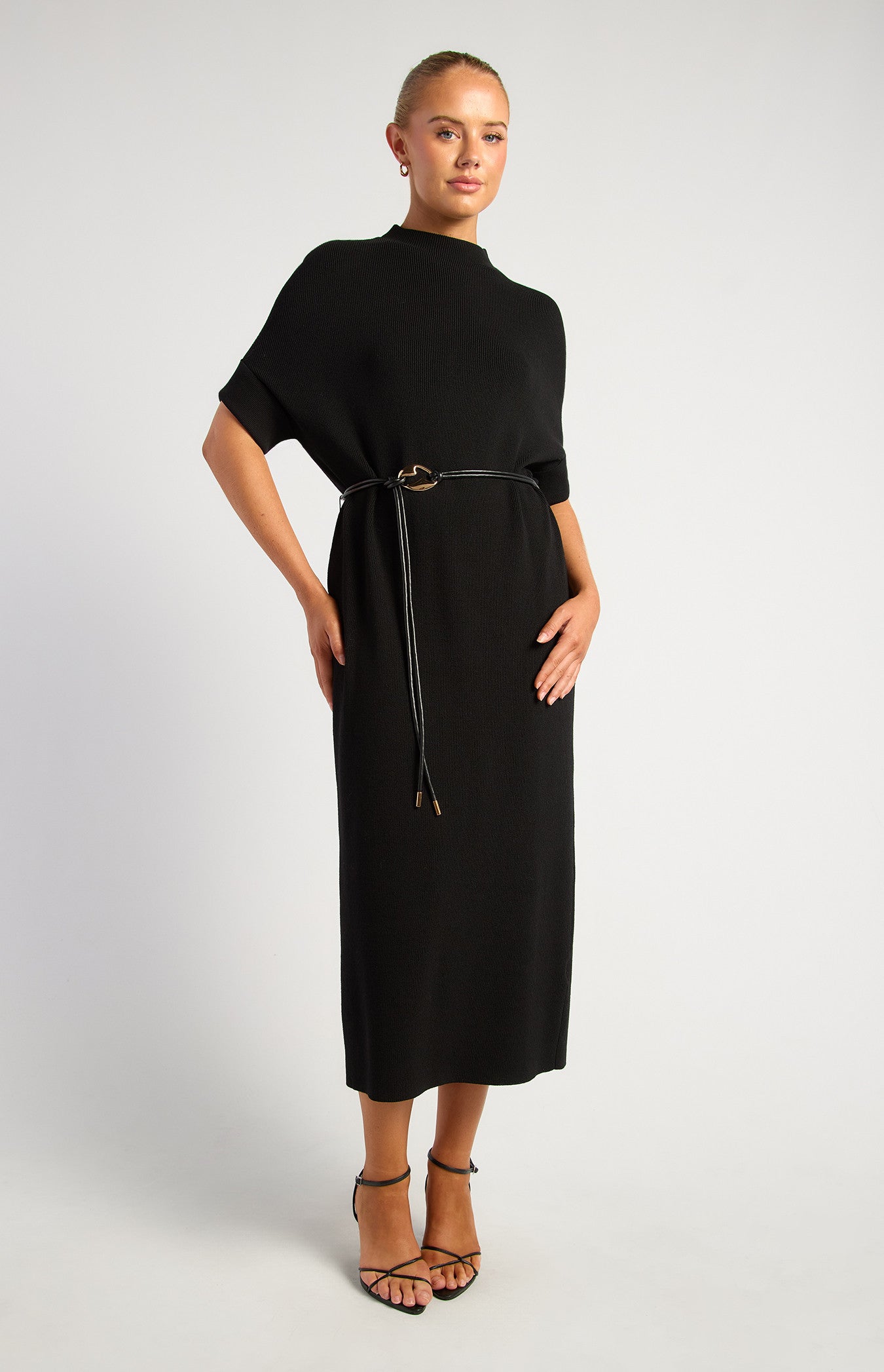 Relax Fit Knit Dress With Faux Leather Rope Belt Accessory