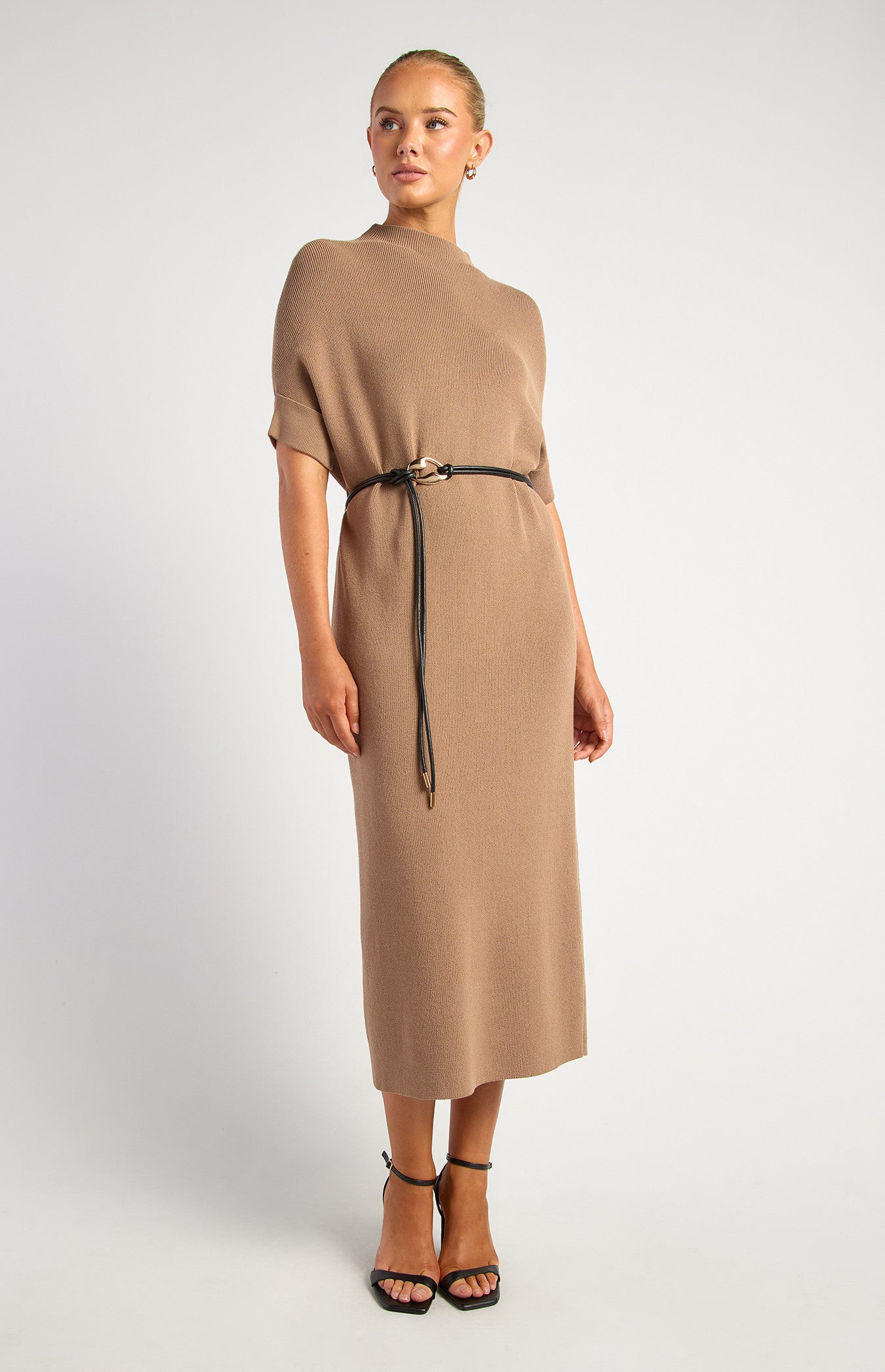 Relax Fit Knit Dress With Faux Leather Rope Belt Accessory