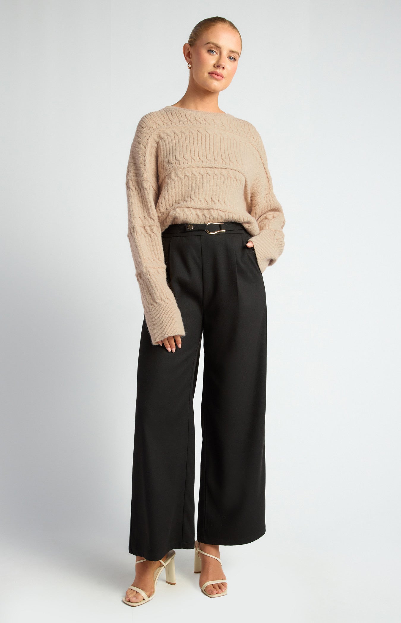 Faux Wool Wide Leg Pants With Gold Buckle Detail