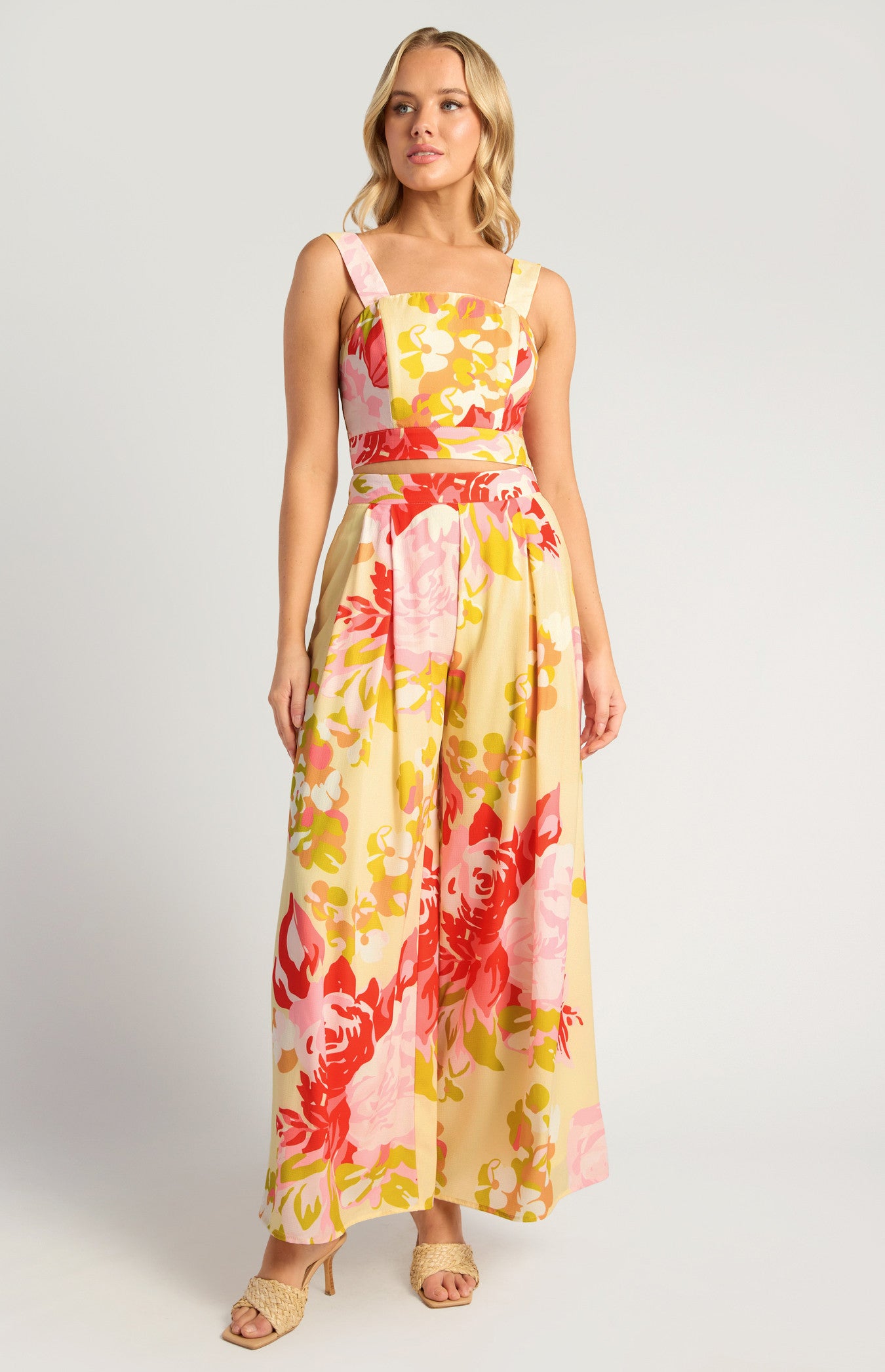 Floral Print Top & Pleated Pants Set