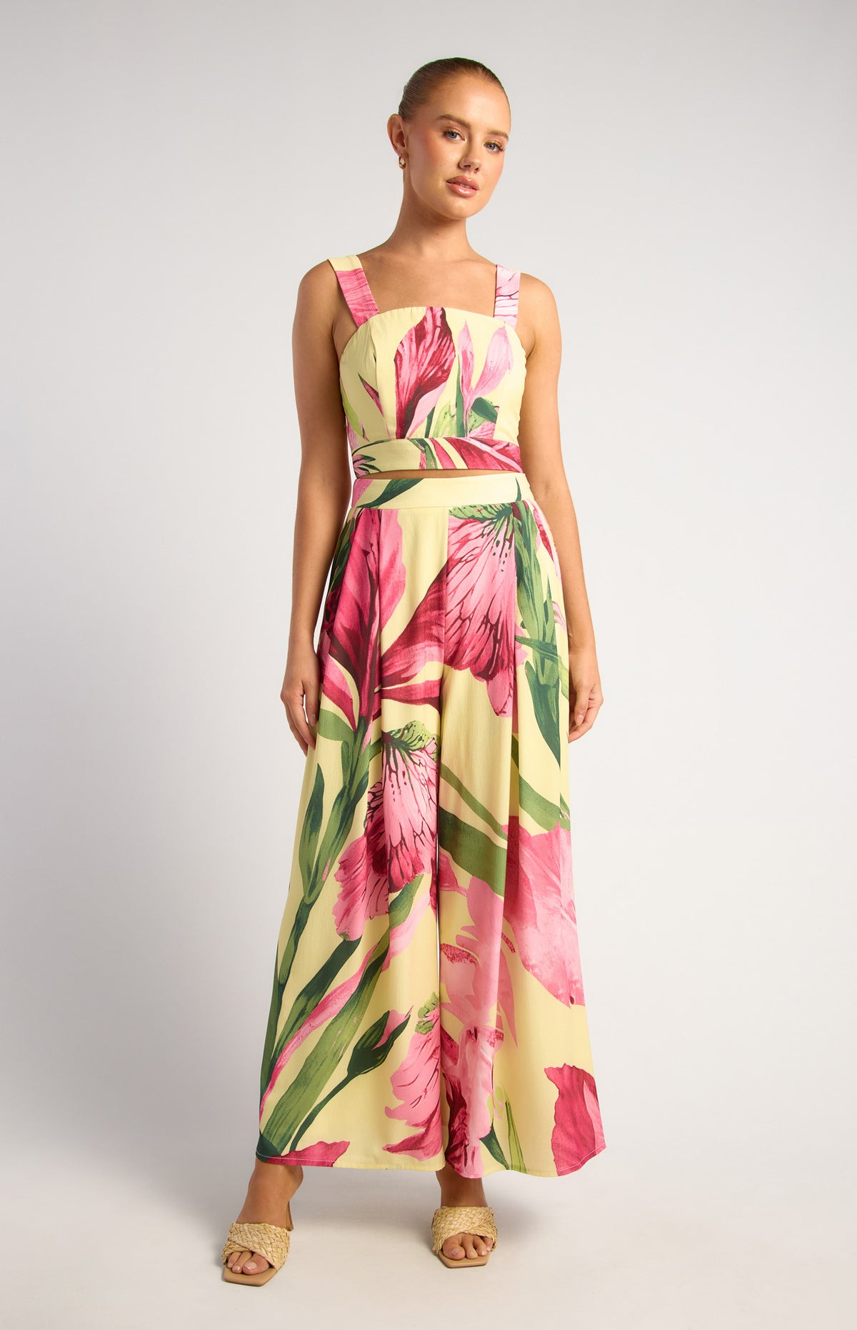 Floral Print Top and Pleated Pants Set - Lemon