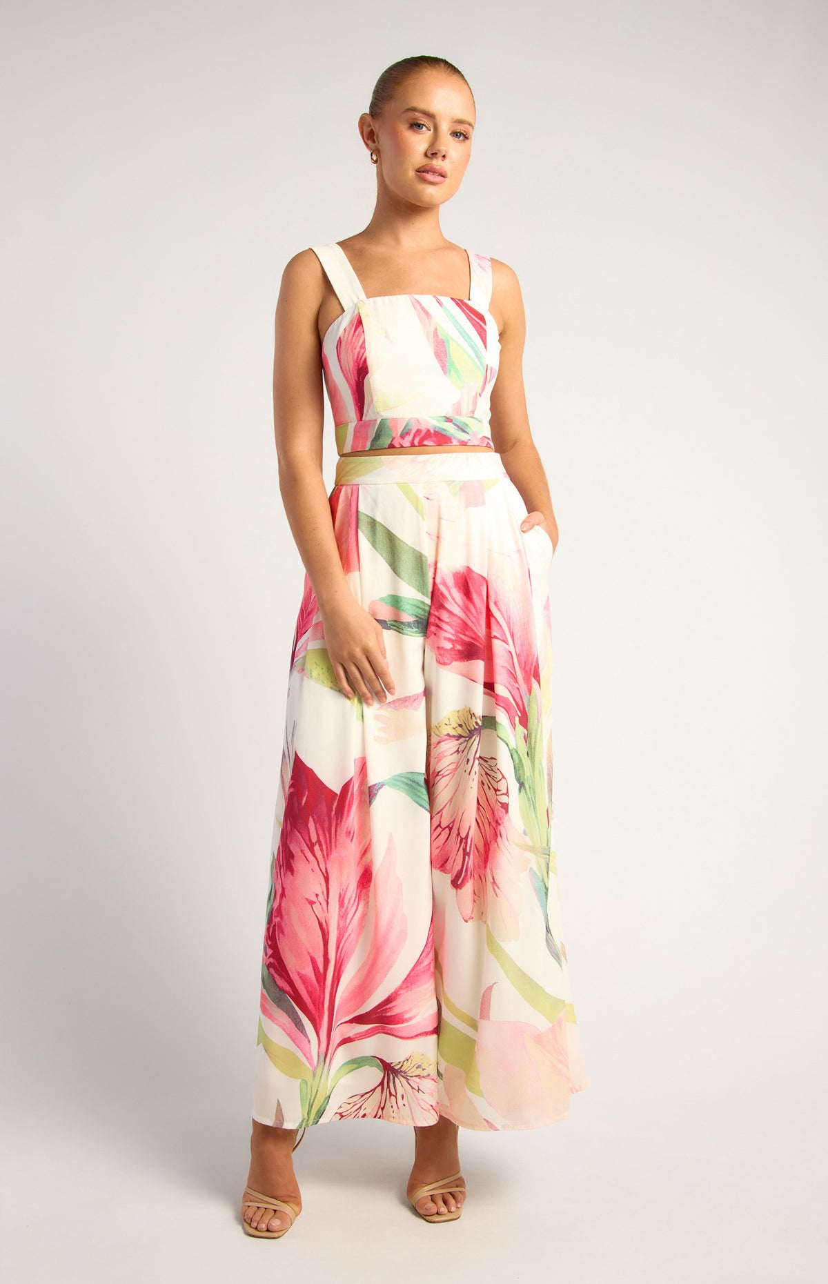 Floral Print Top and Pleated Pants Set - Pink