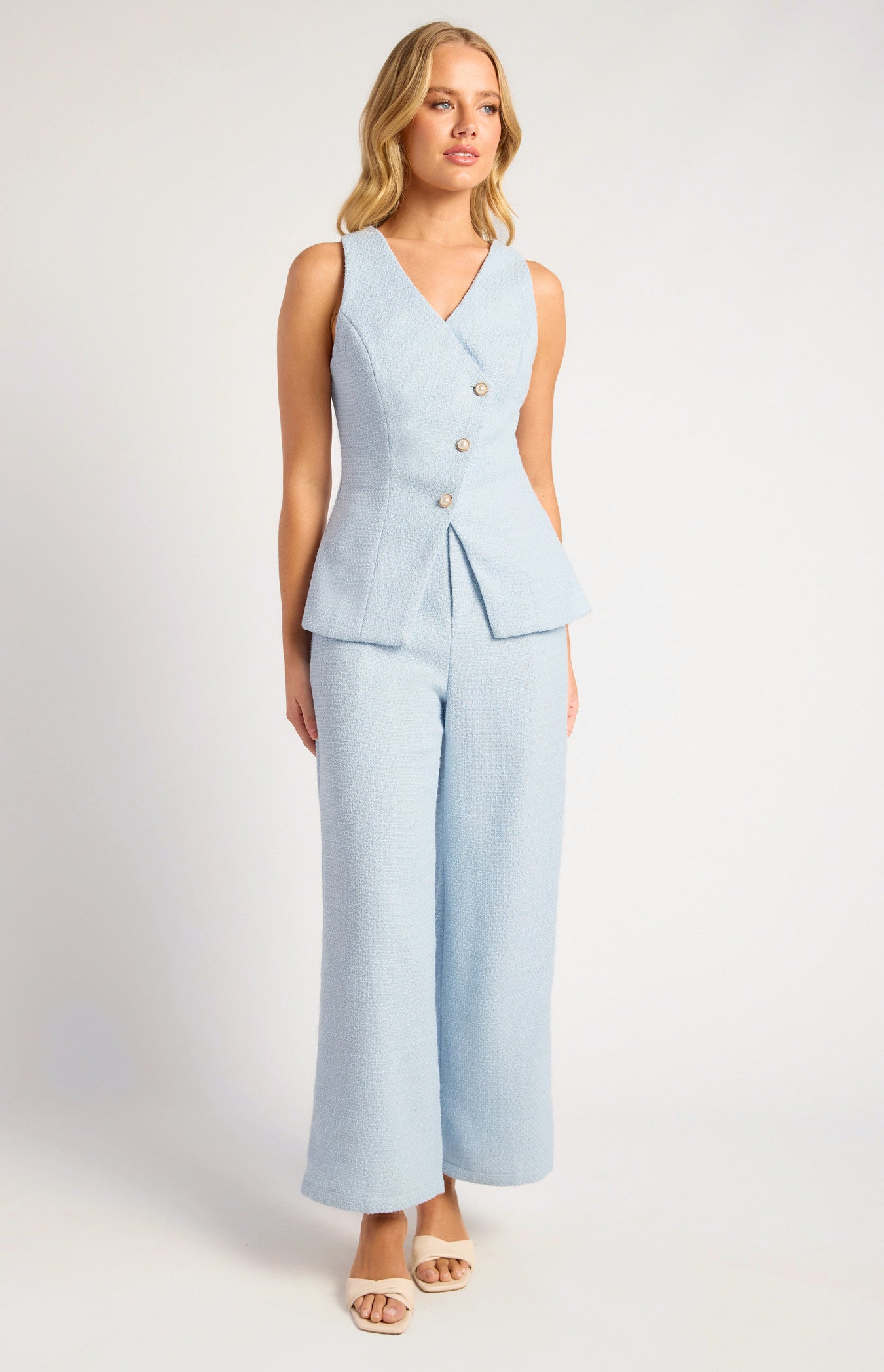 Tweed Asymmetric Top And Pants Set With Pearl Button Details