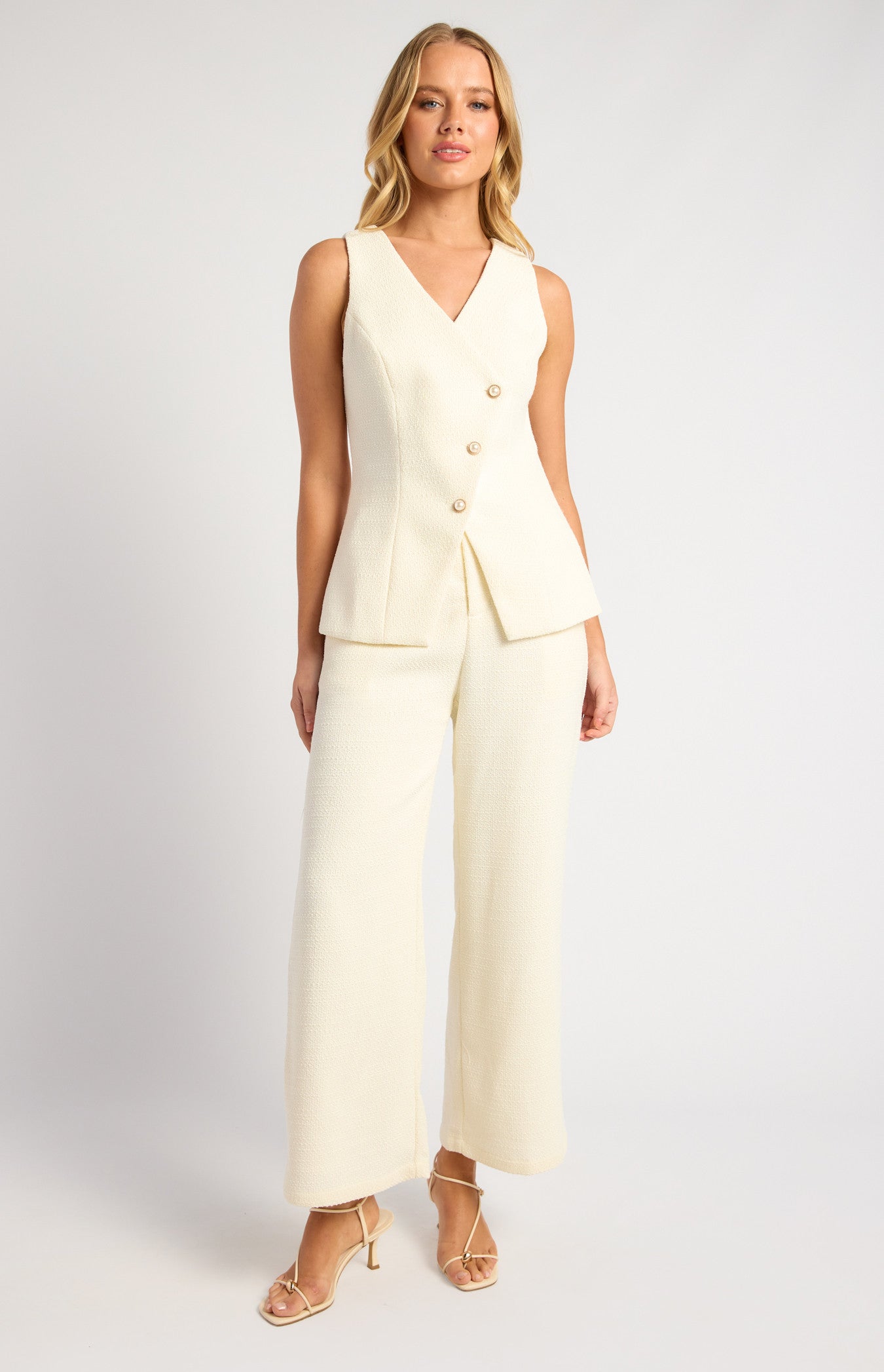 Tweed Asymmetric Top And Pants Set With Pearl Button Details