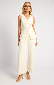 Tweed Asymmetric Top And Pants Set With Pearl Button Details